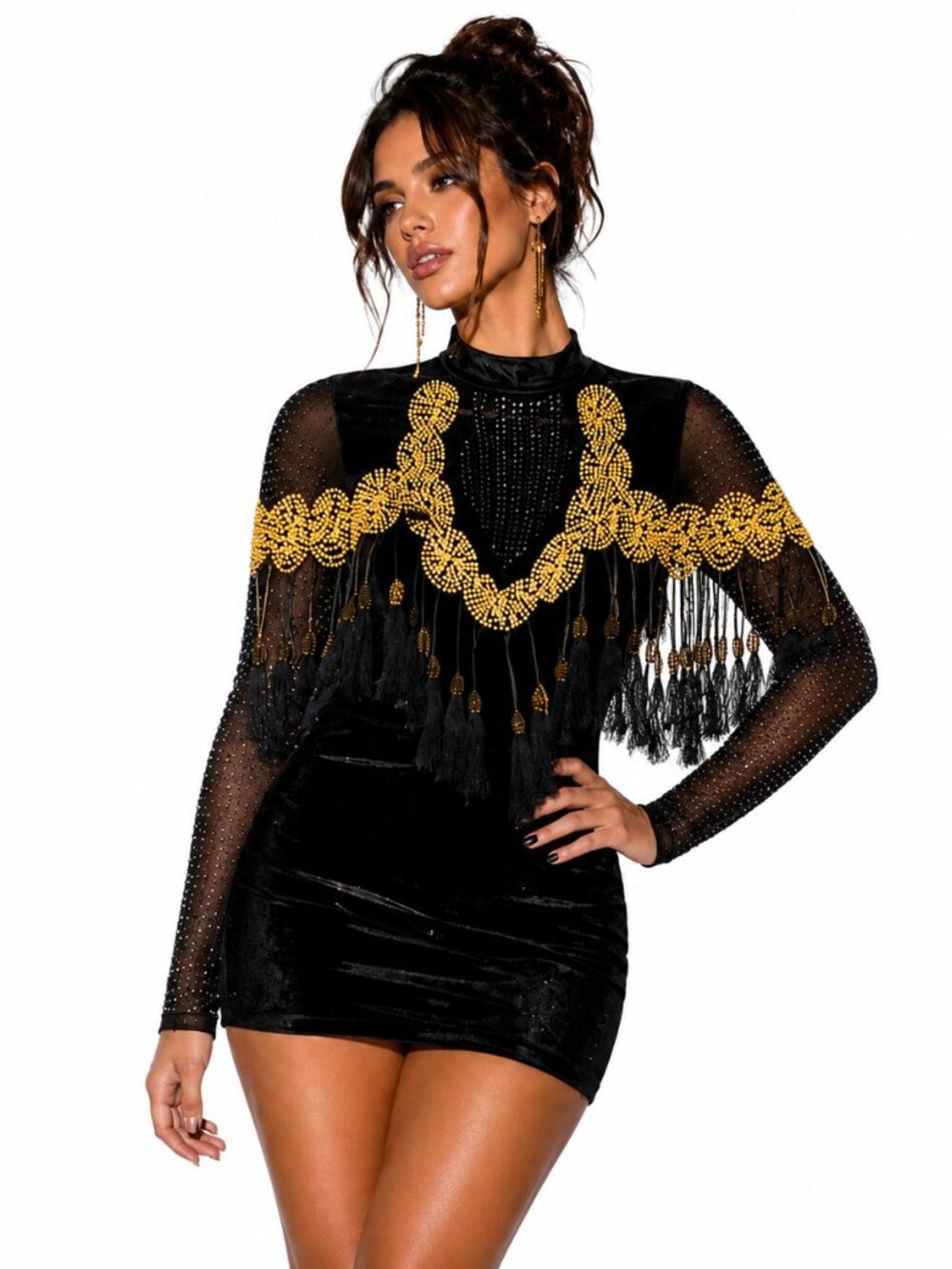Banjul Black Velvet Long Sleeve Gold Embellished Tassel fringe mini dress Sz M